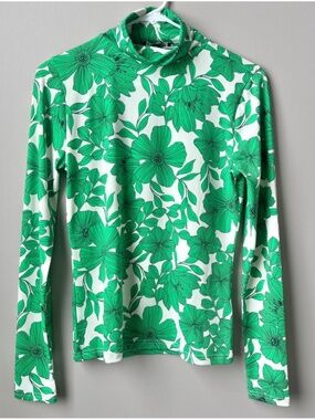J. Crew Turtleneck Small Kelly Green White Floral Matte Jersey Fitted